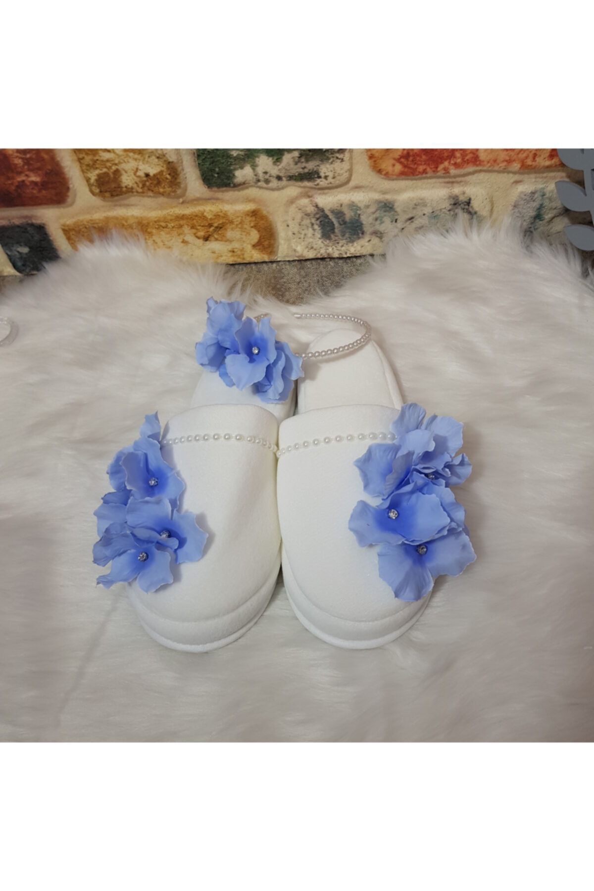Gülsebaby Kadın Mavi Ortancalı Lohusa Terlik ve Tacı