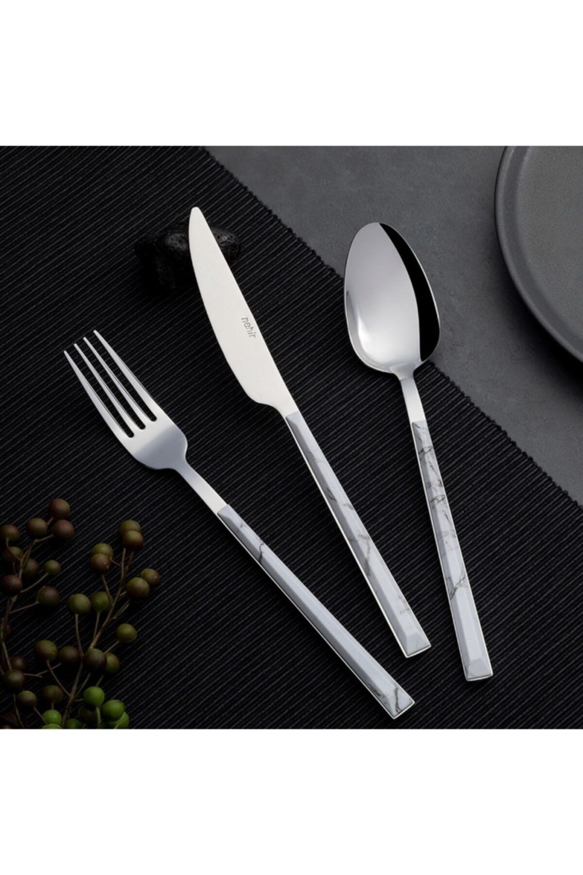 Nehir Flora Beyaz Mermer Plastik Saplı 36 Parça Çatal Kaşık Seti