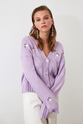 TRENDYOLMİLLA Lila Nakışlı Triko Hırka TWOAW21HI0213