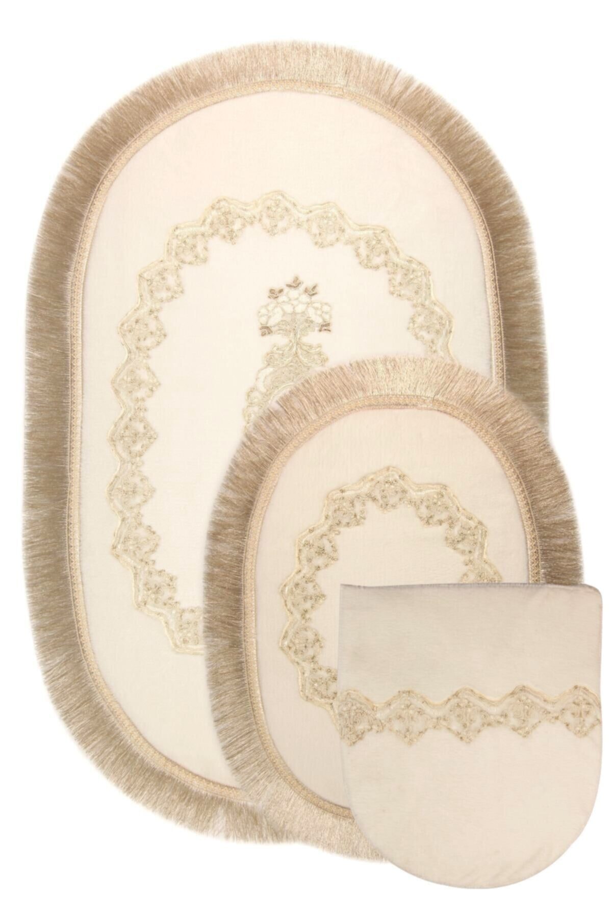 Bonny Home Exclusive Oval Krem Püsküllü 3'lü Klozet Takımı Çeyizlik Banyo Halısı Paspası Seti