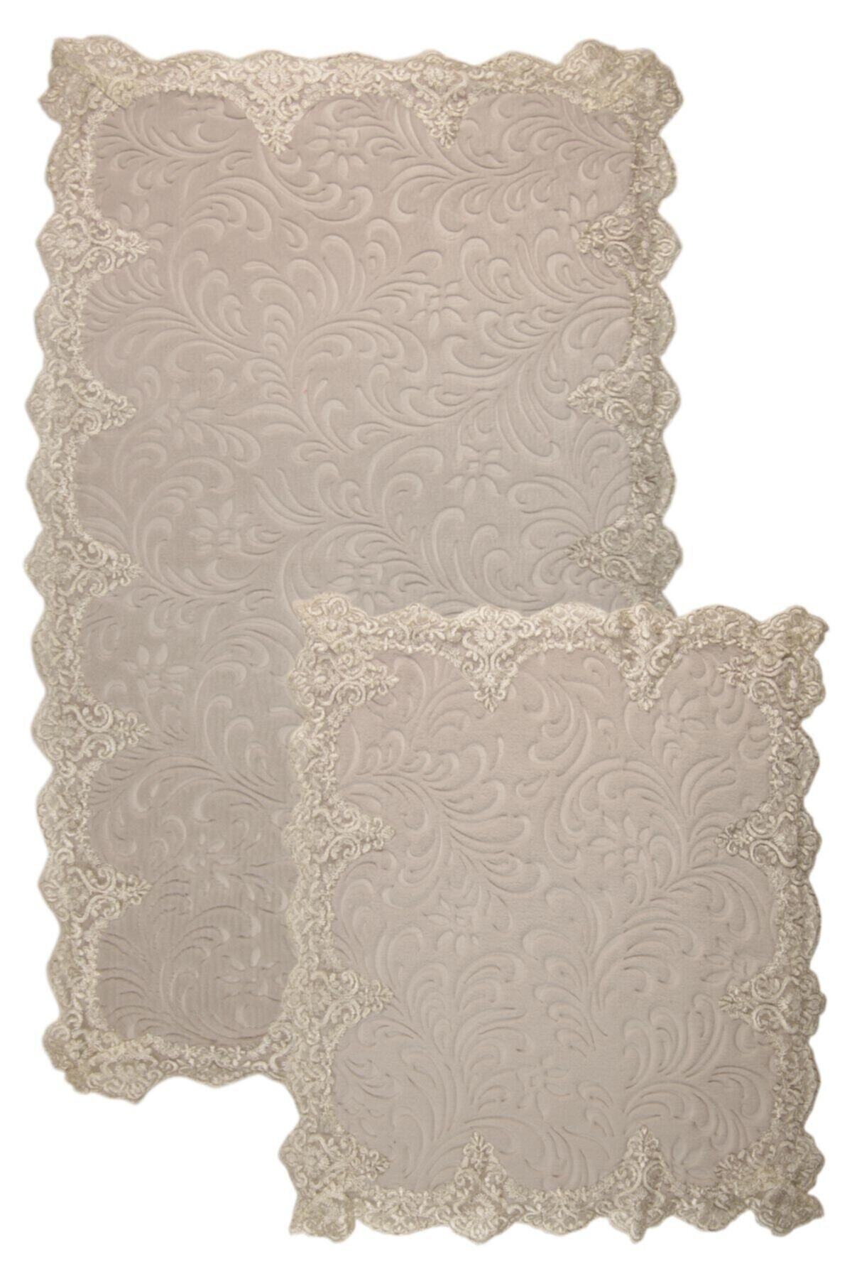 Bonny Home Peluş Lux Köşeli Gri 2li Dantelli Klozet Takımı Çeyizlik Banyo Halısı Paspası Seti