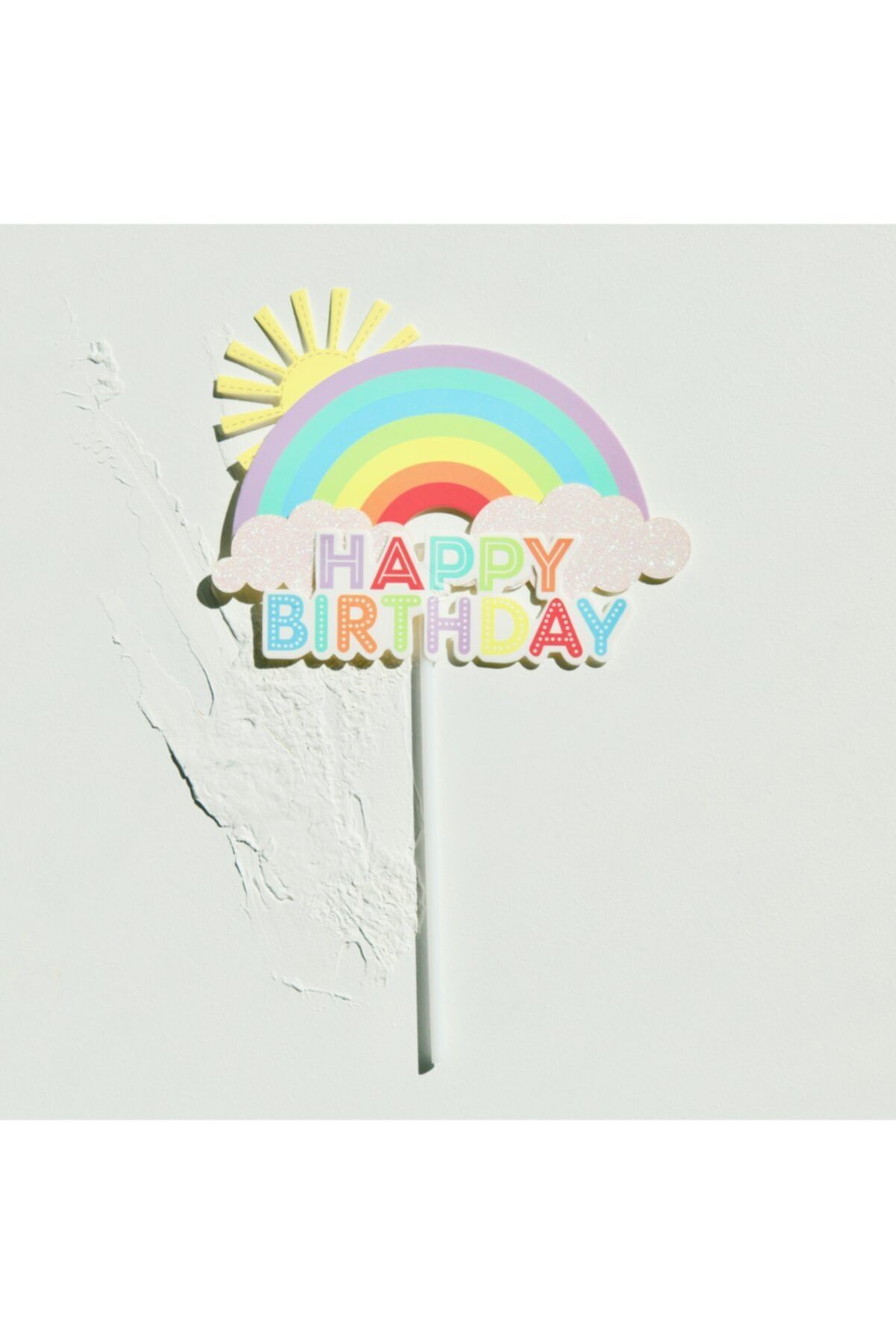 Pembe Kaktüs Happy Birthday Yazılı Güneşli Gökkuşağı Şeklinde Pasta Süsü