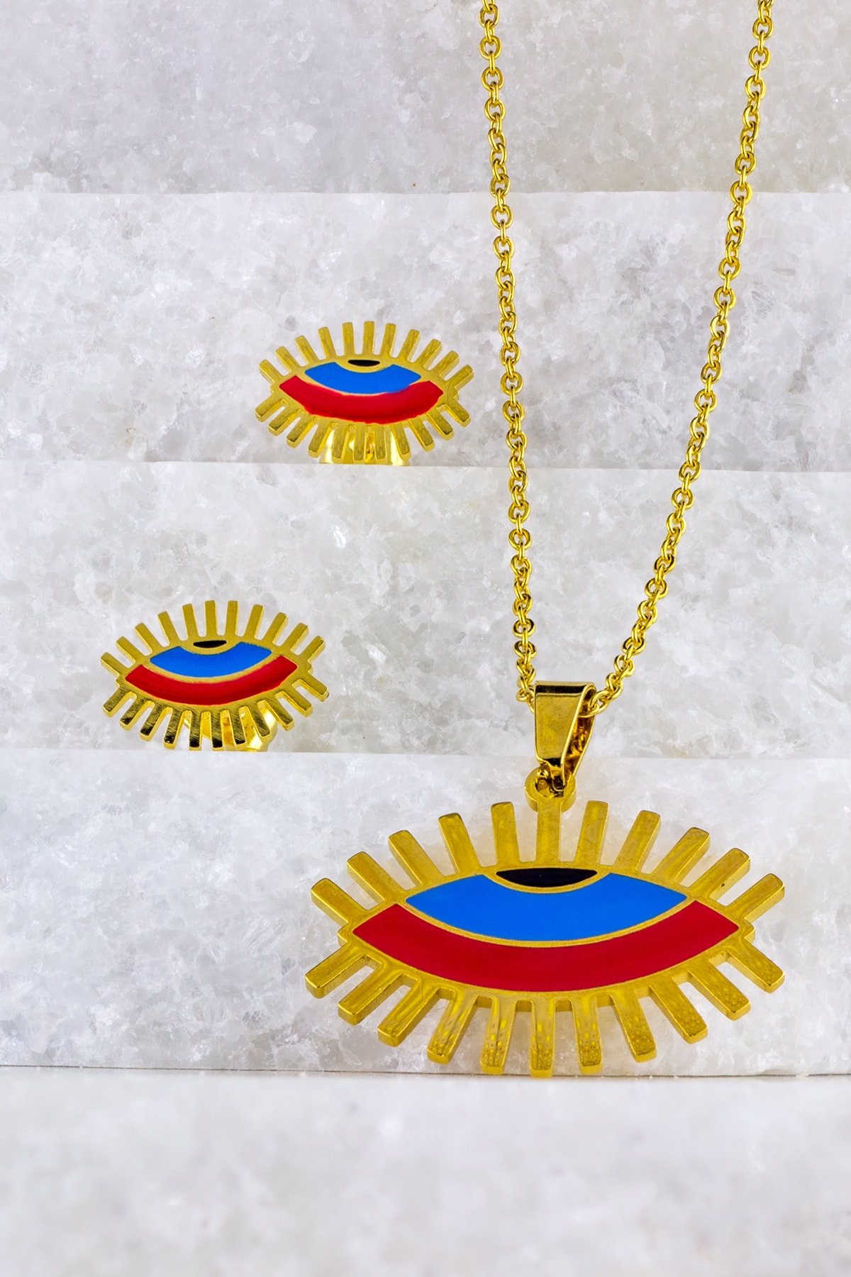 tortoro Kırmızı Mavi Siyah Minimalist Kirpik Göz Çelik Kolye Küpe Set