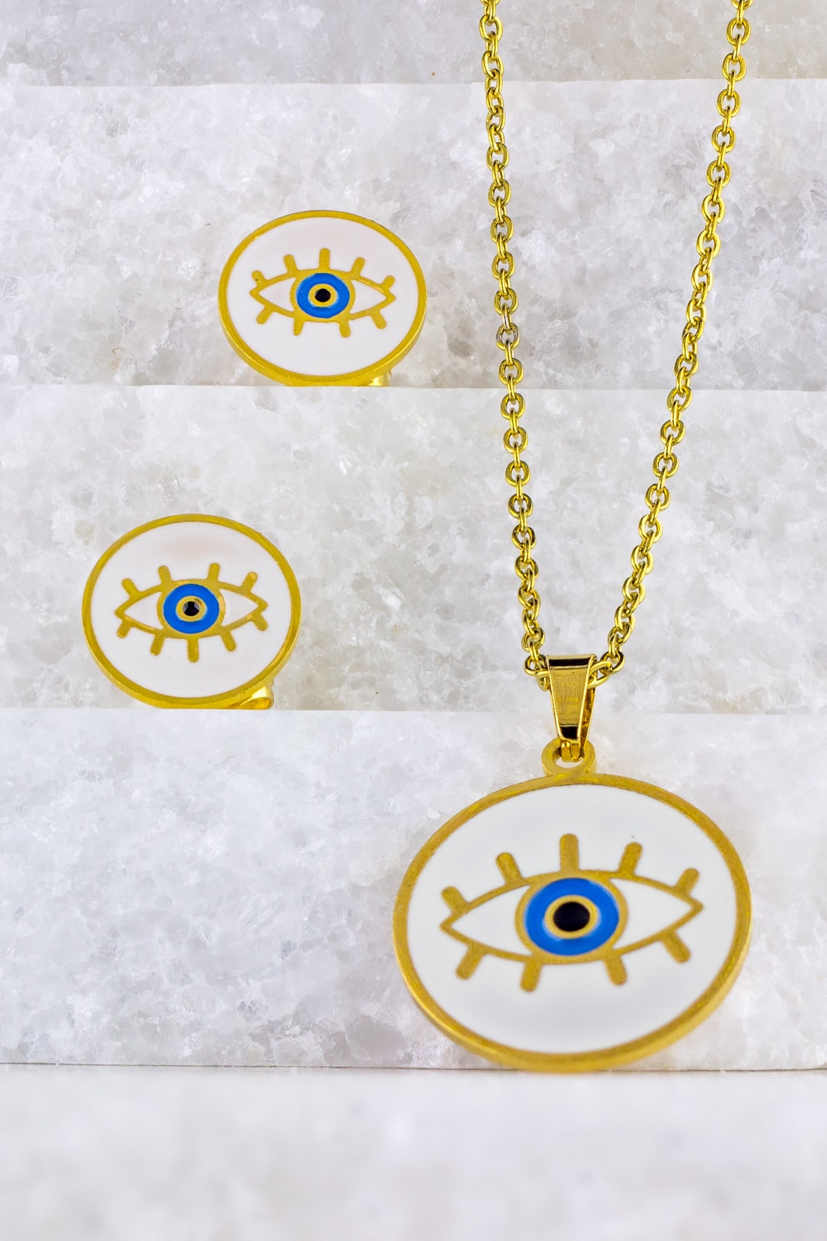 tortoro Beyaz Mavi Minimalist Kirpik Göz Çelik Kolye Küpe Set