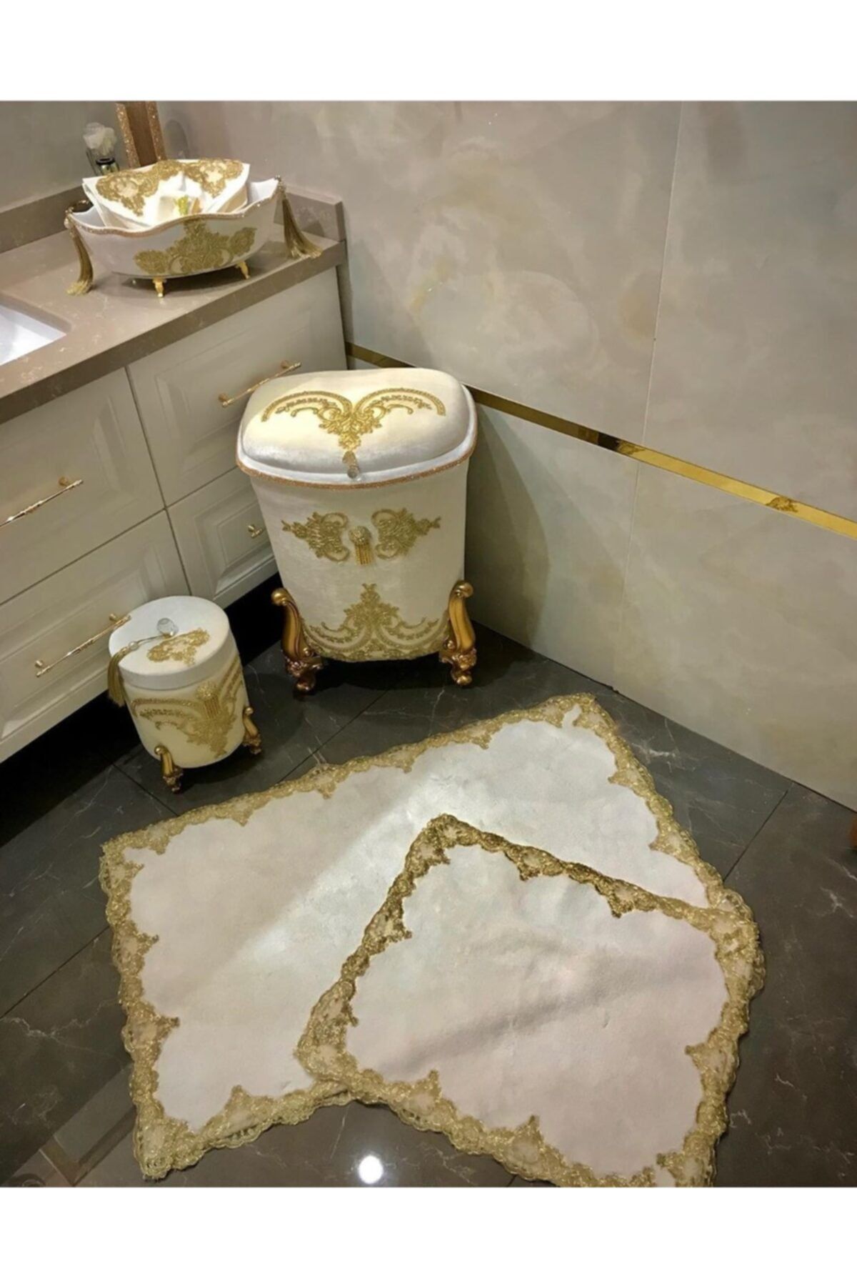 hızlı boncuk Ipek Kadife Krem Kirli Sepeti Seti ve Banyo Paspası