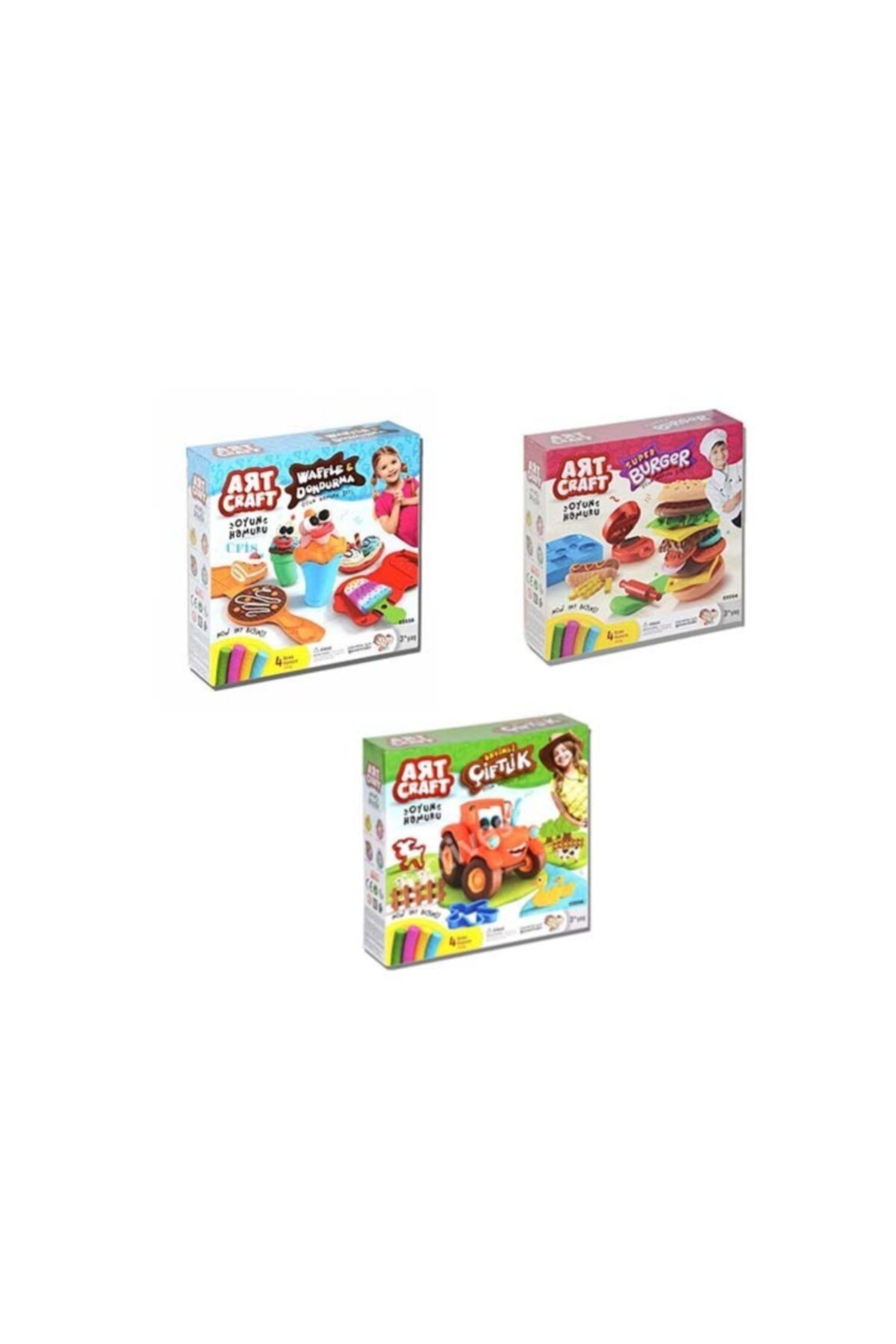 Fen Oyuncak Art Craft Sevimli Çiftlik, Süper Burger,waffle- Dondurma 3 Lü Oyun Hamur Setleri