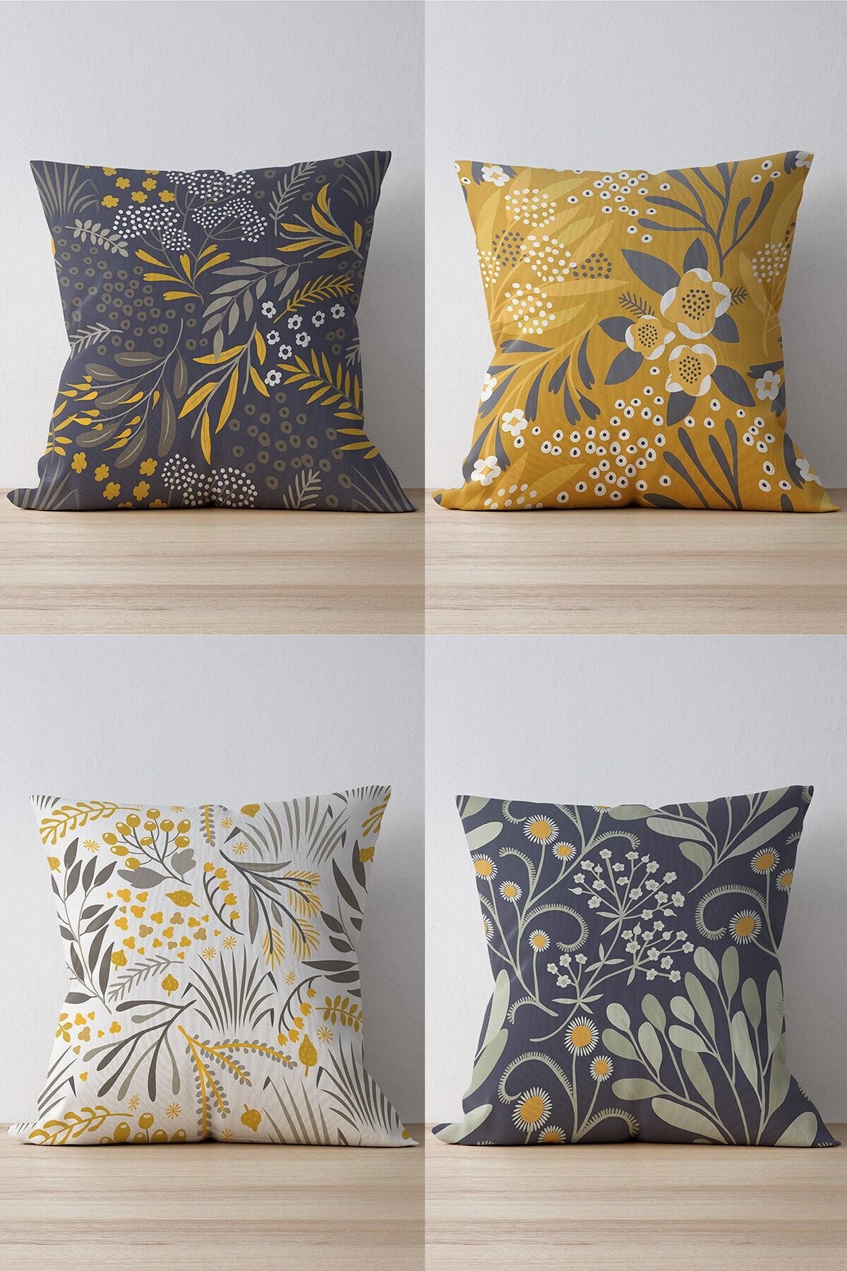 Pilloveland Çift Tarafı Baskılı Füme Floral Desenli 4'lü Süet Kırlent Kılıfı