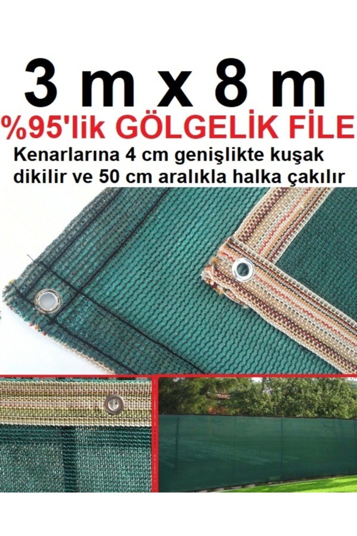 Asenya Gölgelik File 3x8 M %95 Yeşil Gölgelik Branda Bahçe Gölgelik Örtü Gölgeleme Örtüsü Gölgeleme Tülü