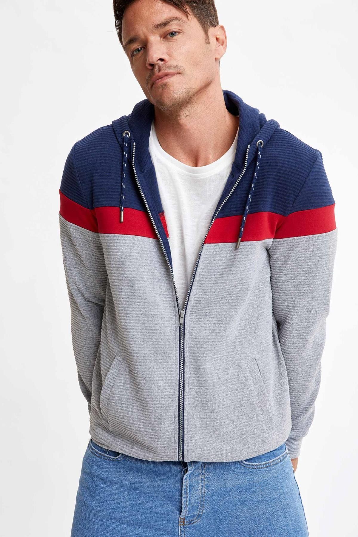 Defacto Erkek Navy Kapusonlu Blok Desenli Fermuarli Sweatshirt R5766az20au Trendyol