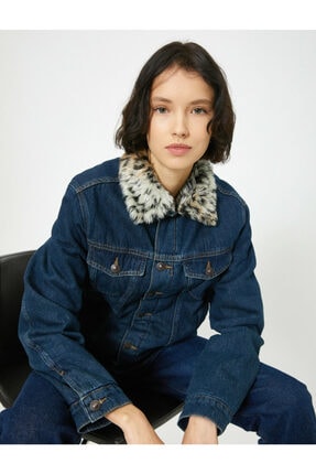 Koton Kadın Mavi Yakasi Suni Kürk Detayli Jean Ceket