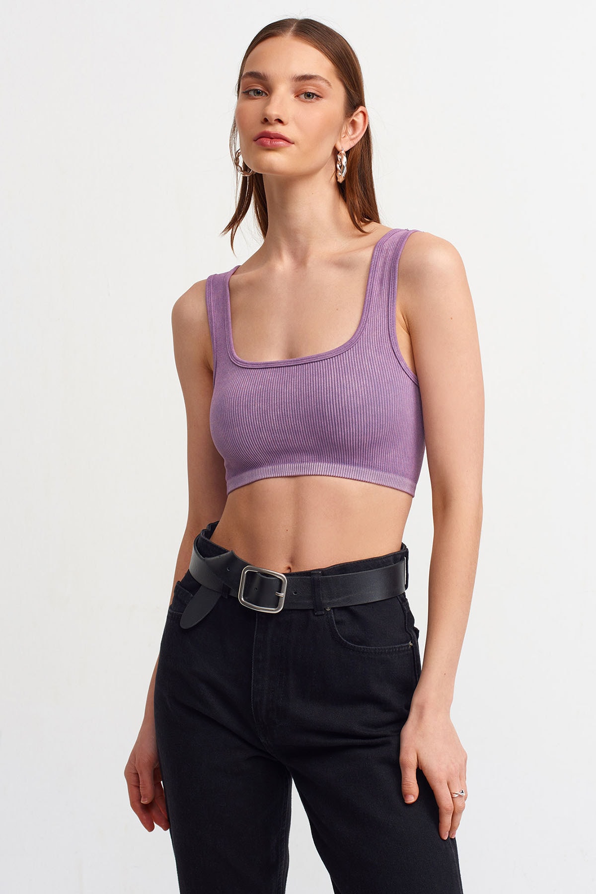Dilvin Kadın Taş Yıkama Crop Top Mor Renk 01132