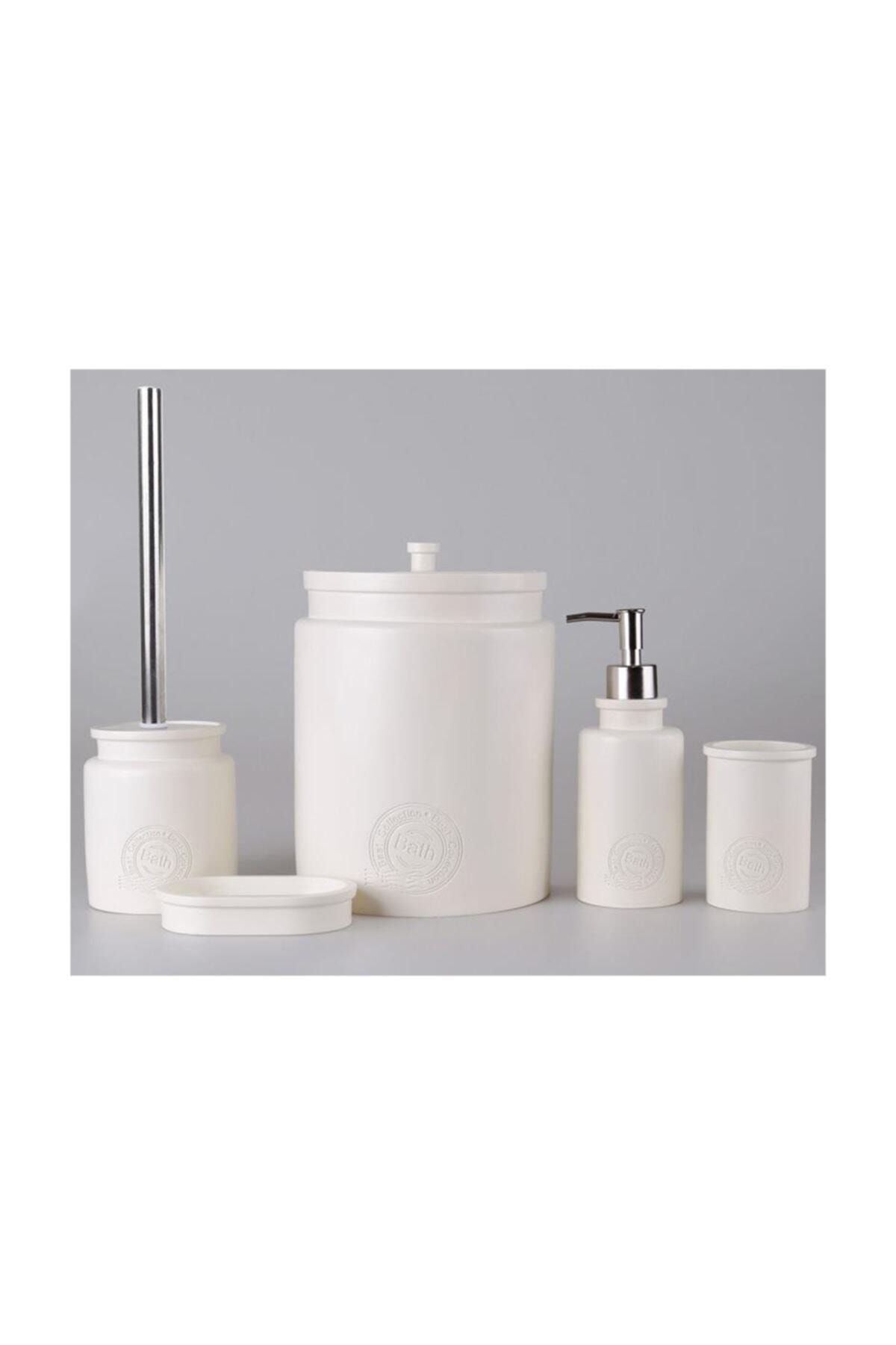 By Selim Home Stamp Krem Polyester 5 Parça Banyo Seti