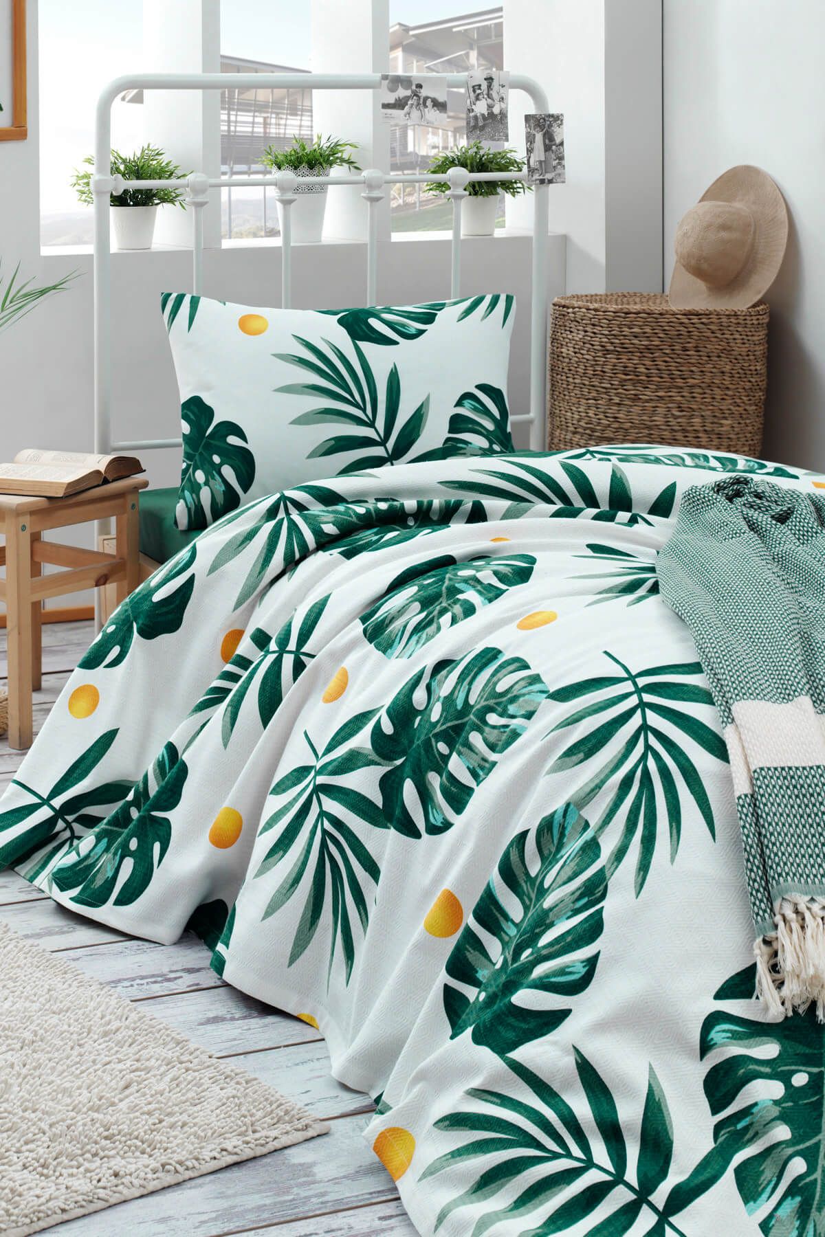 Ev & Ev Home Tek Kişilik Doğal Pike Baskılı Monstera Yeşil