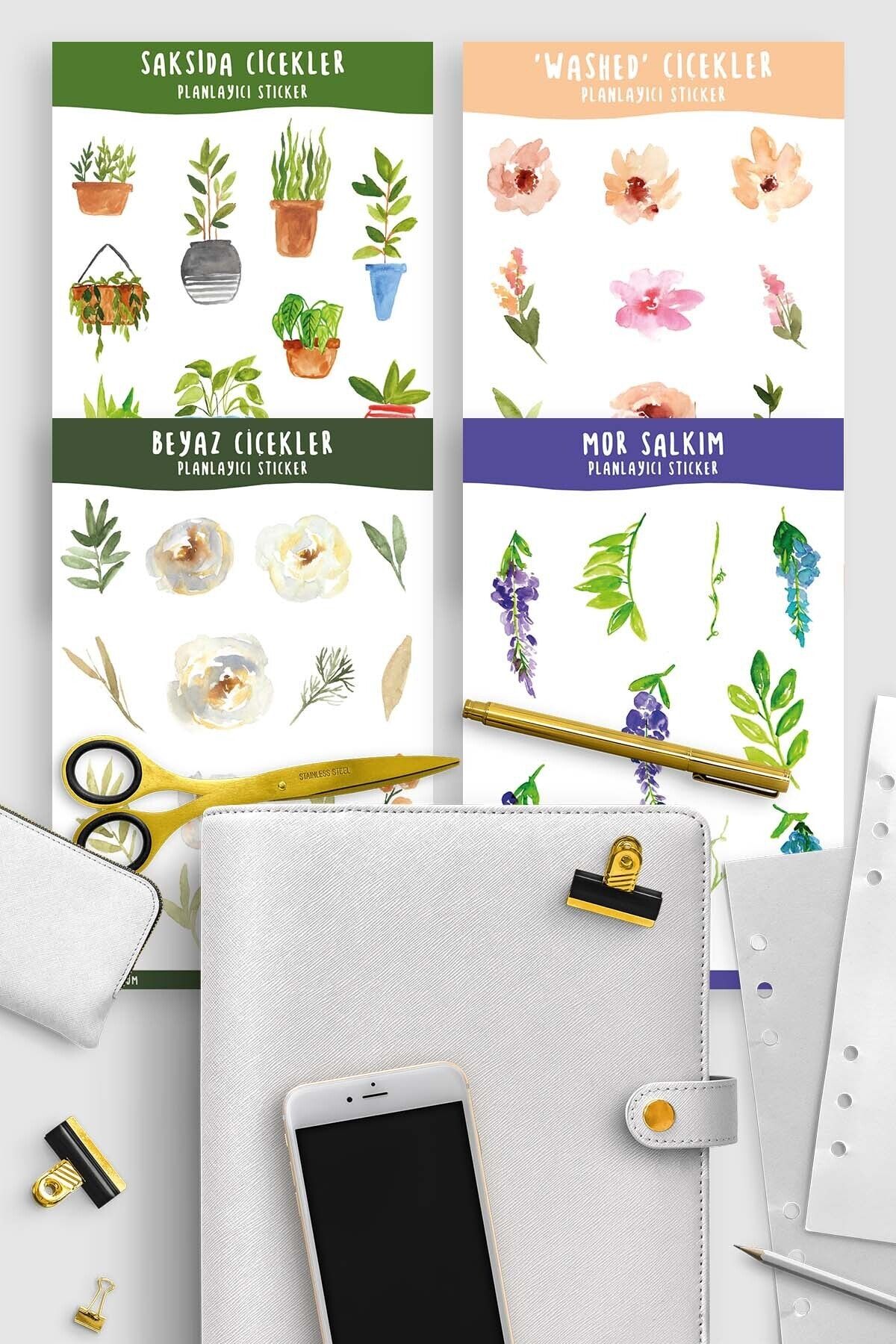 Sticker Cat Ajanda Planlayıcı Sticker, Çiçek Sticker, Saksıda Çiçek Sticker, Mor Salkım Sticker, 4 Adet