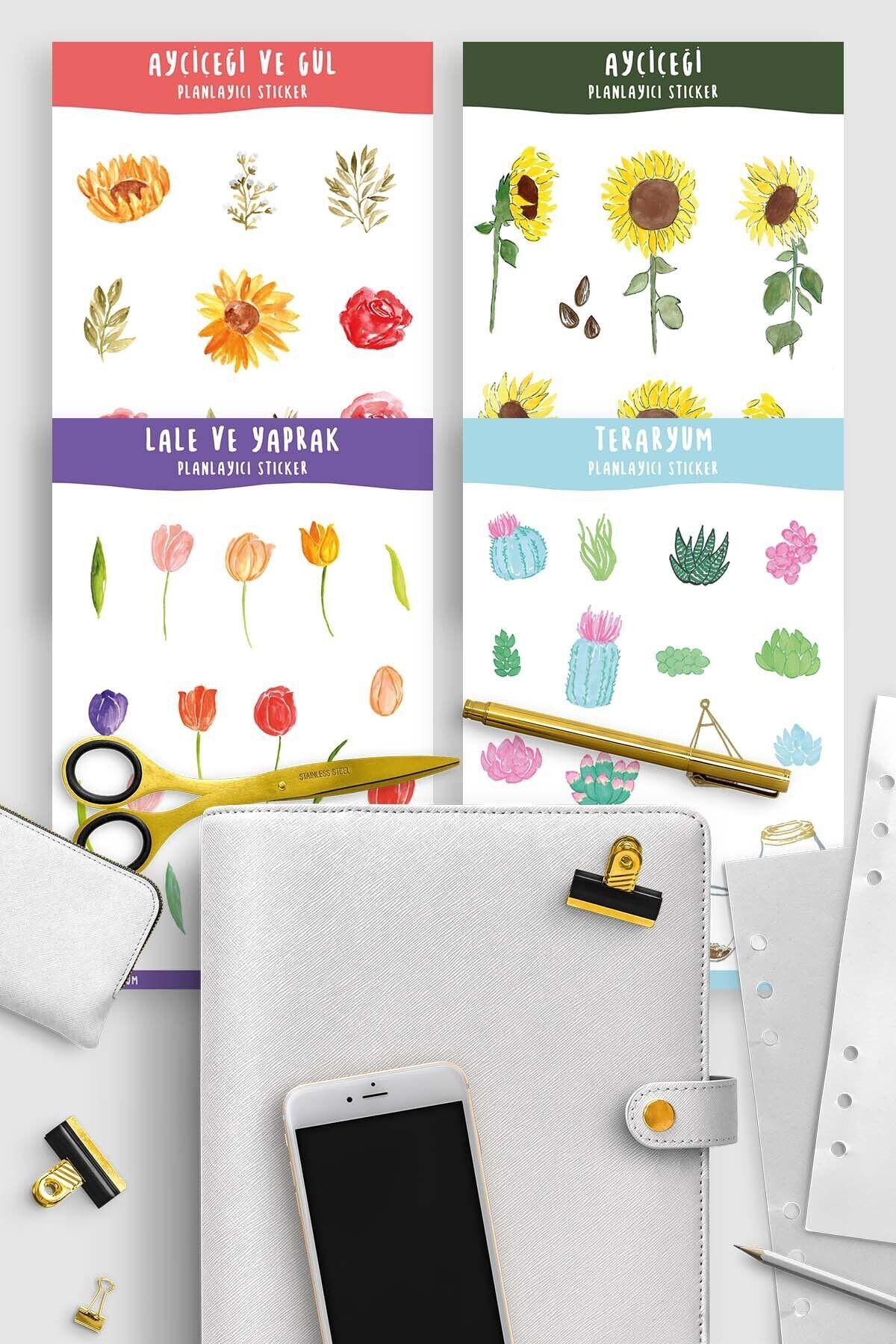 Sticker Cat Çiçek Sticker Planlayıcı Özel, Lale, Ayçiçeği, Gül, Teraryum Çıkartmalar 4 Adet