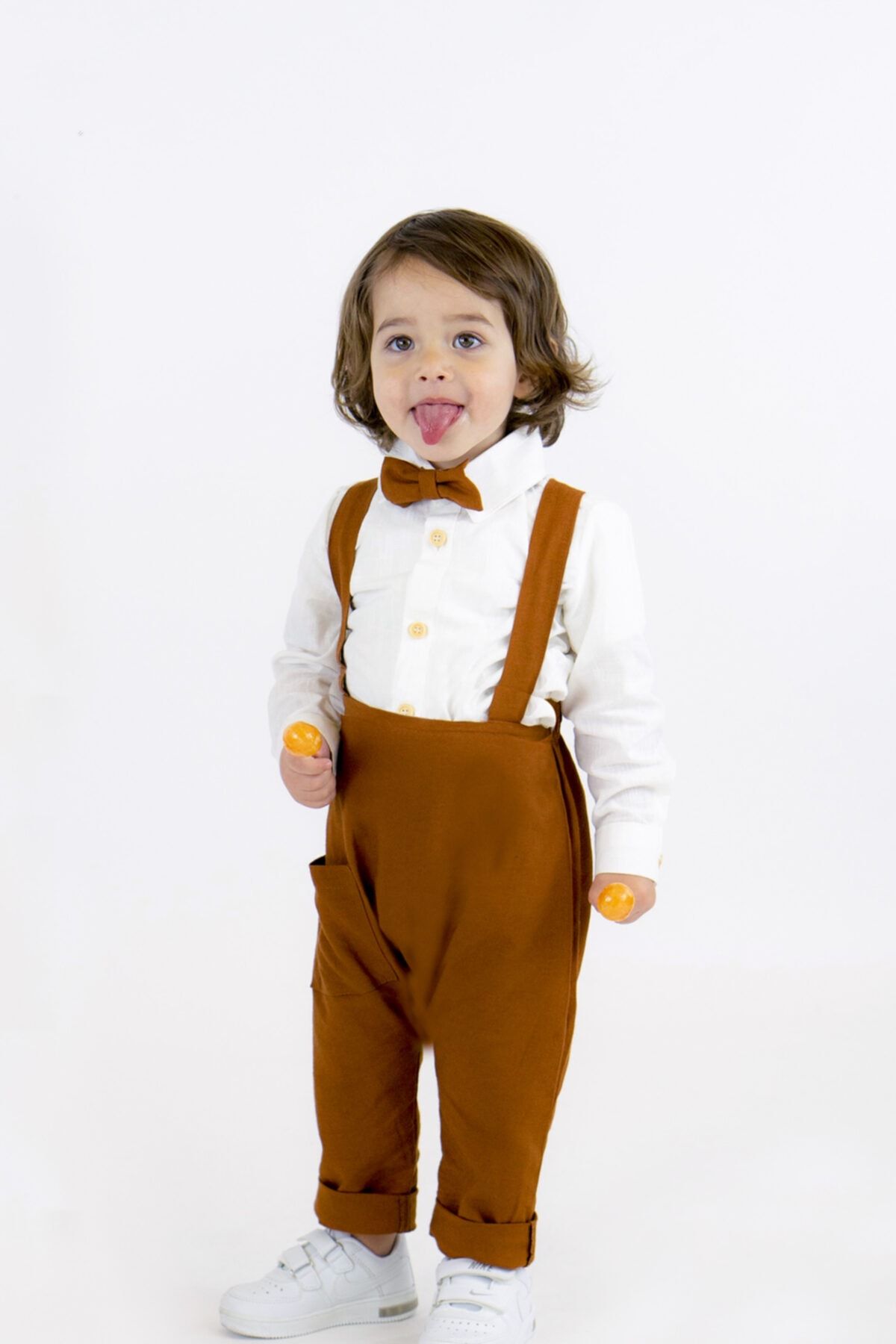 Catz Kids Kahve Gabardin Harem Salopet Gömlek Papyon