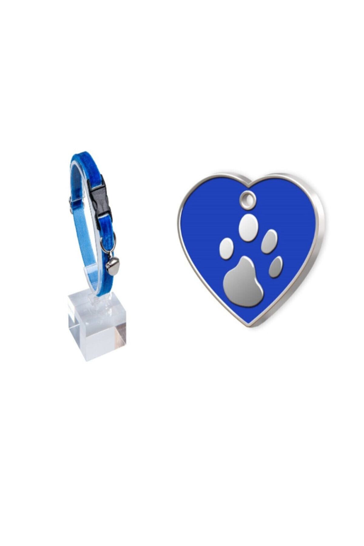 Thepassage Kadife Zilli Ayarlanabilir Kedi Boyun Tasması 22-30 Cm Mavi+kalp Şeklinde Mineli Kedi Köpek Künyesi