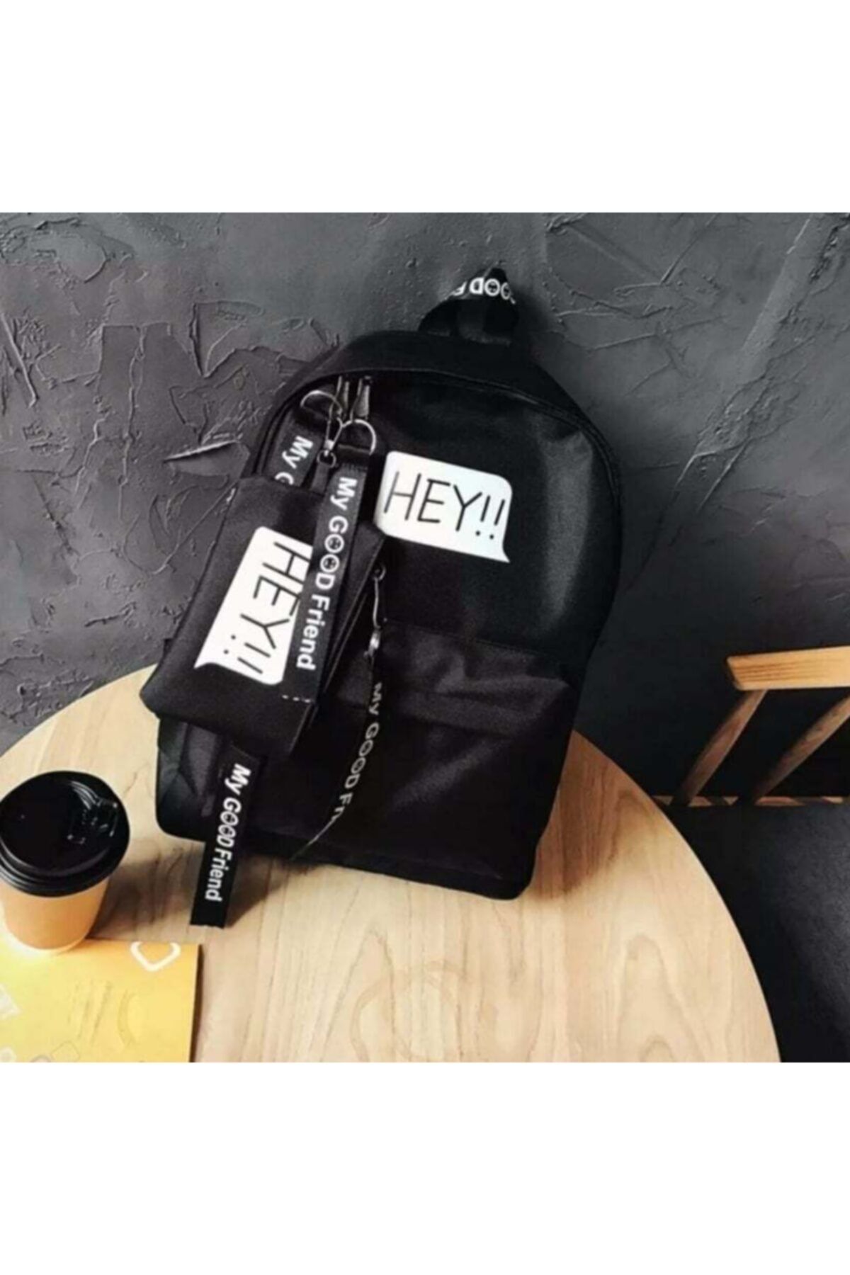 NEAL Siyah Hey Yazılı Cüzdanlı Sırt Çantası