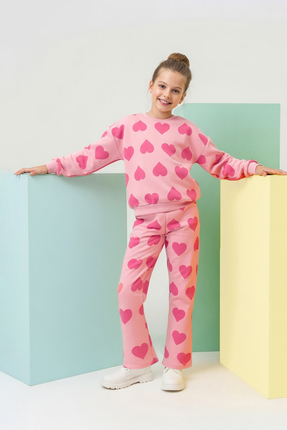 Pembe Pamuklu Kalp Baskılı Regular Kız Çocuk Örme Alt - Üst Takım TKDAW26AU00034 Image 0
