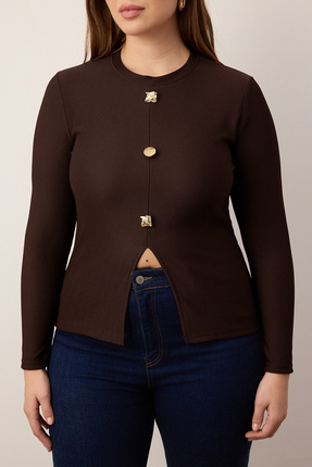 Kahverengi Aksesuar Düğmeli Uzun Kol Fitilli Örme Büyük Beden Bluz TBBAW26AF00078 Image 8