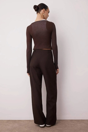 Koyu Kahverengi Wide Leg/Geniş Paça Palazzo Pilili Dokuma Kumaş Pantolon TWOAW22PL0475 Image 3