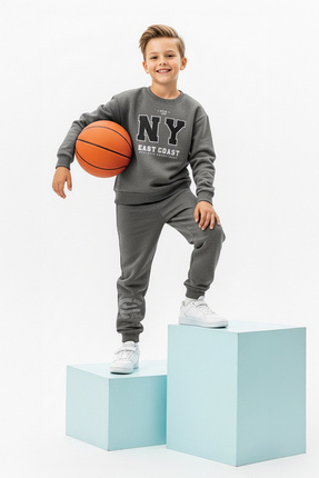 Antrasit Pamuklu Slogan Baskılı Oversize Erkek Çocuk Örme Alt - Üst Takım TKDAW26AU00004 Image 0