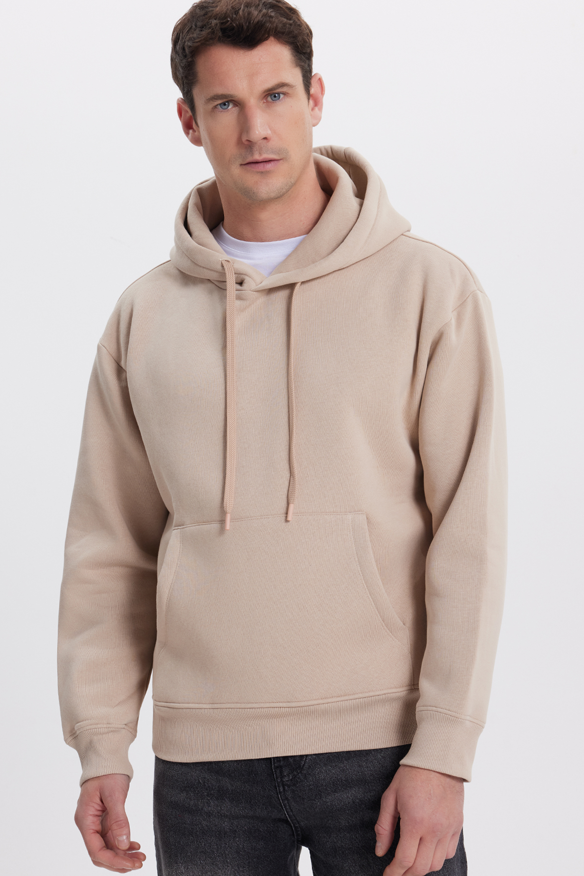 یونیسکس اورسایز پنبه ای بافت نرم با کلاه پایه بژ با داخل پشمی