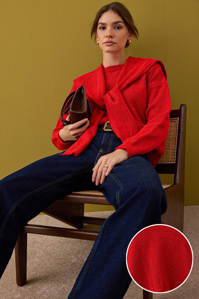 Kırmızı Yumuşak Dokulu Geniş Kalıp Şallı Triko Kazak TWOAW26KZ00166 Image 0