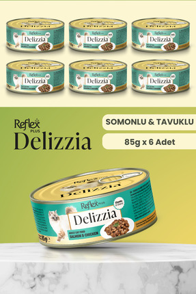 Plus Delizzia / Sos İçinde Parça Etli Somonlu & Tavuklu Yetişkin Kedi Maması 85g x 6 Adet Image 0