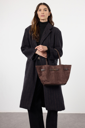 Koyu Kahverengi Yumuşak Süet Saplı Ve Çapraz Askılı Tote Kadın Maksi Boy Omuz Çanta TAKAW25OC00013 Image 3