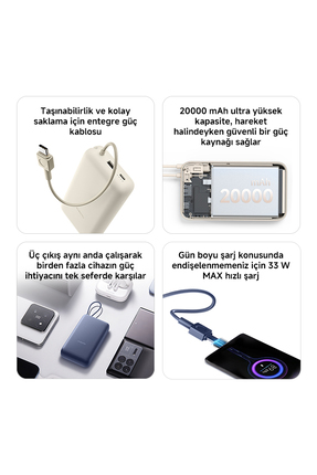 Power Bank USB ve USB-C Portu ve USB-C Entegre Kablo 20000mAh 33W BHR8975GL - Mavi Image 8