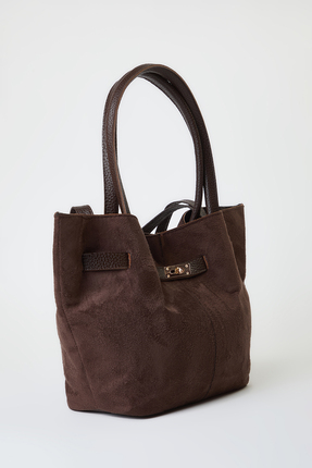 Koyu Kahverengi Yumuşak Süet Saplı Ve Çapraz Askılı Tote Kadın Maksi Boy Omuz Çanta TAKAW25OC00013 Image 5