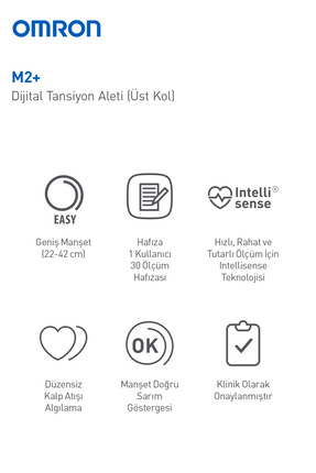 M2+ Geniş Manşetli Üst Koldan Pilli Dijital Tansiyon Aleti – 30 Ölçüm Hafızalı, 5 Yıl Garantili Image 2