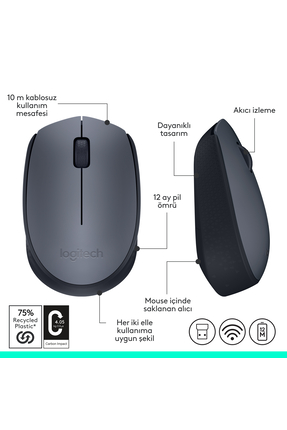 M170 USB Alıcılı Kablosuz Kompakt Mouse, Gri 910-004642 Image 7