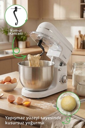 Kmx-3638 Hamur Yoğurma & Stand Mikser 5,3 Lt 1300w 8 Hız Kademeli Mutfak Şefi Beyaz Image 1