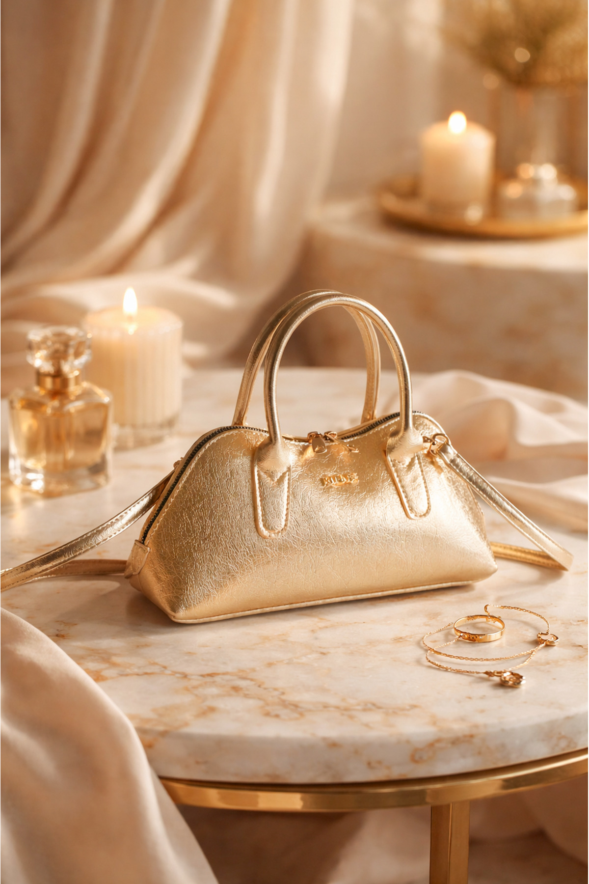 Rimense - Kadın Altın Renkli Uzun Askılı El ve Omuz Çantası