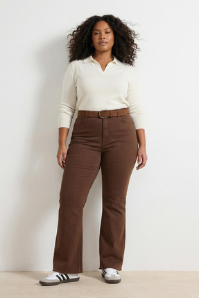 Kahverengi Yüksek Bel İspanyol Paça Flare Fit Büyük Beden Jeans TBBSS23AR00007 Image 0