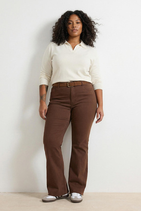 Kahverengi Yüksek Bel İspanyol Paça Flare Fit Büyük Beden Jeans TBBSS23AR00007 Image 1