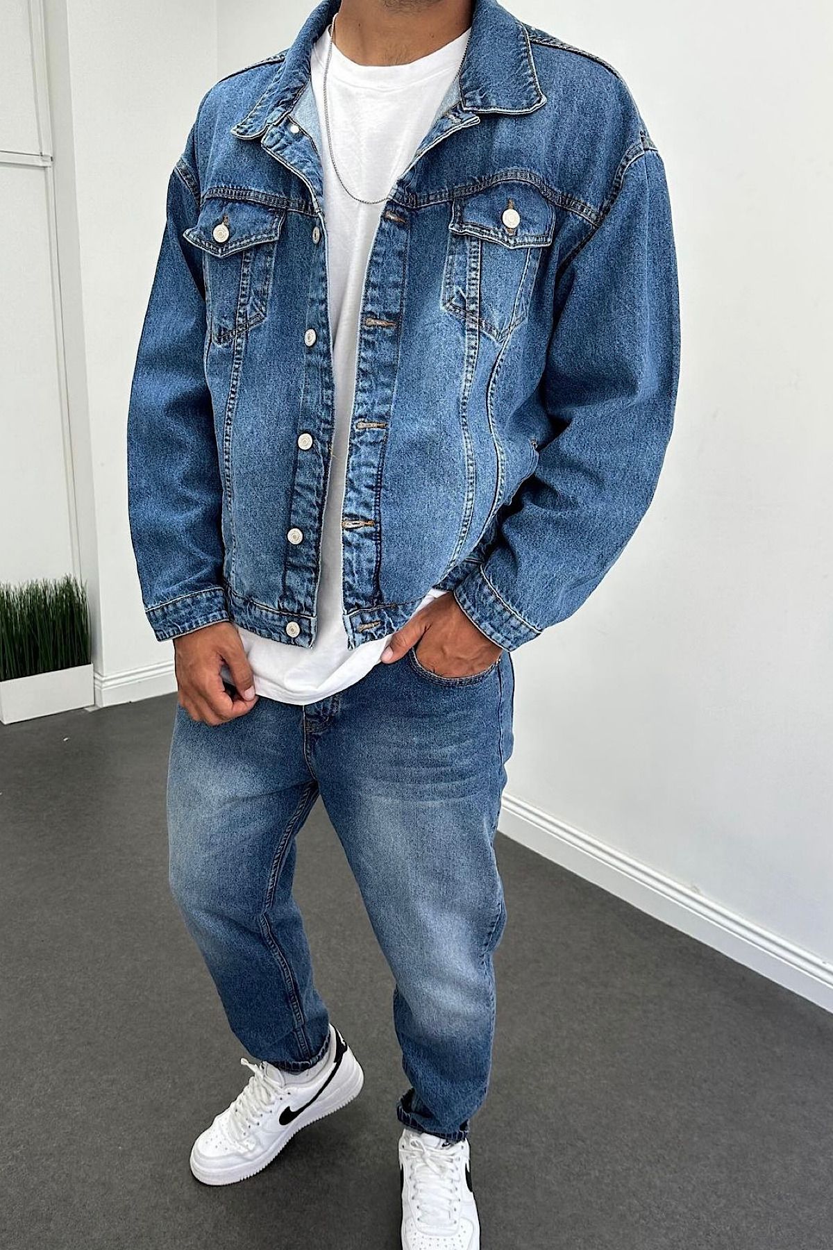NO61 MAN Oversize Blue Antique Grinded Denim Jacket Trendyol