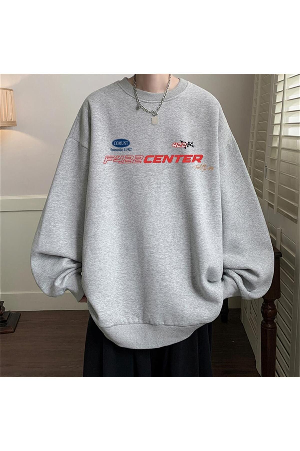 The Champs F422 Center Printed Gray Unisex Oversize Crew Neck
