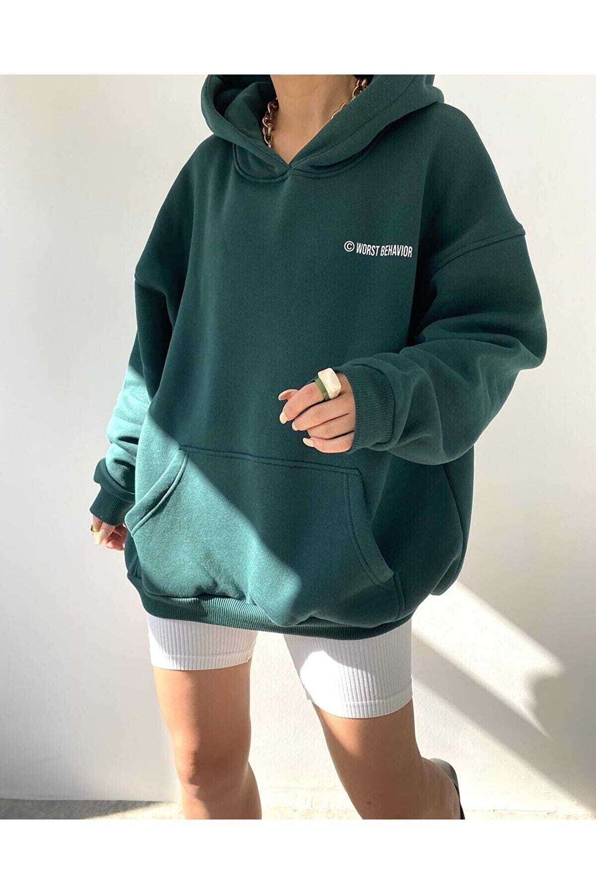 Wrst Baskılı Unisex Nefti Oversize Kapüşonlu Sweatshirt - تهران دیول