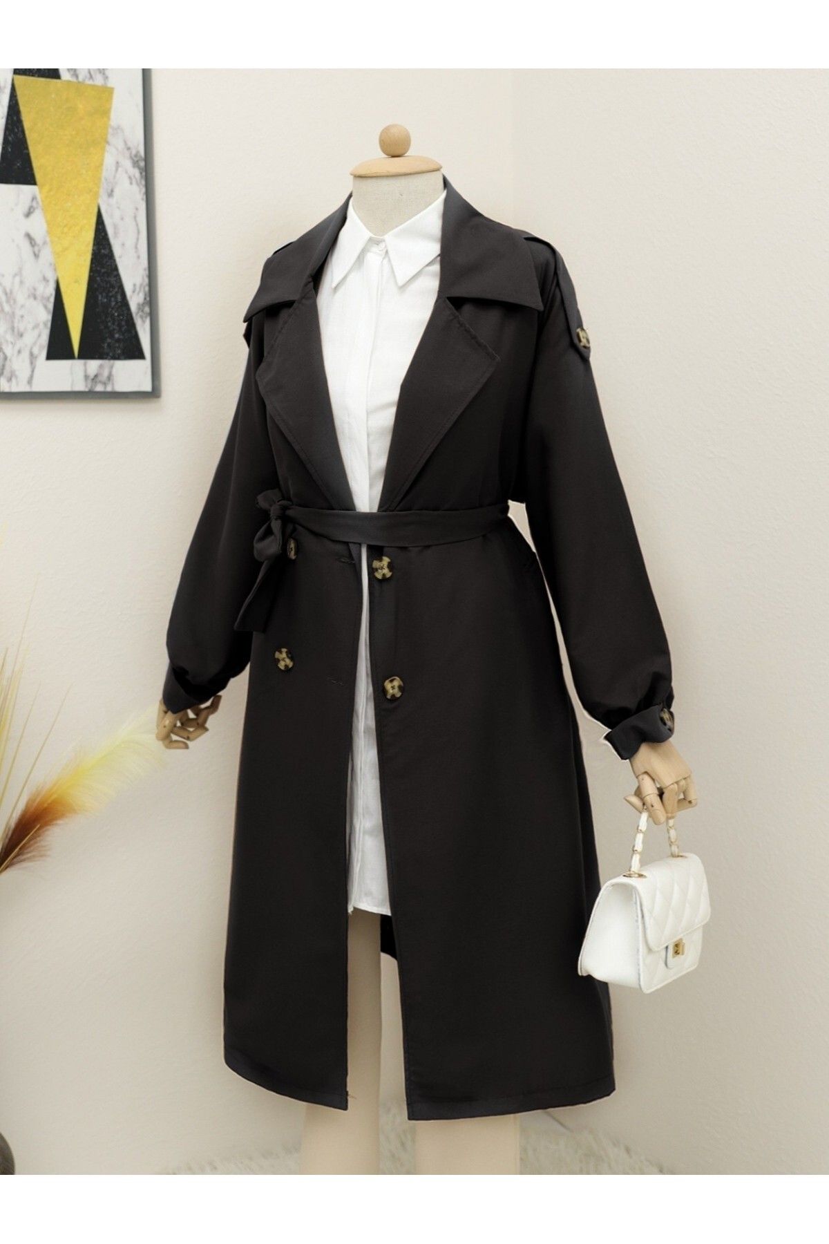Modamorfo Trench Coat with Elastic Sleeves Epaulettes and Lace