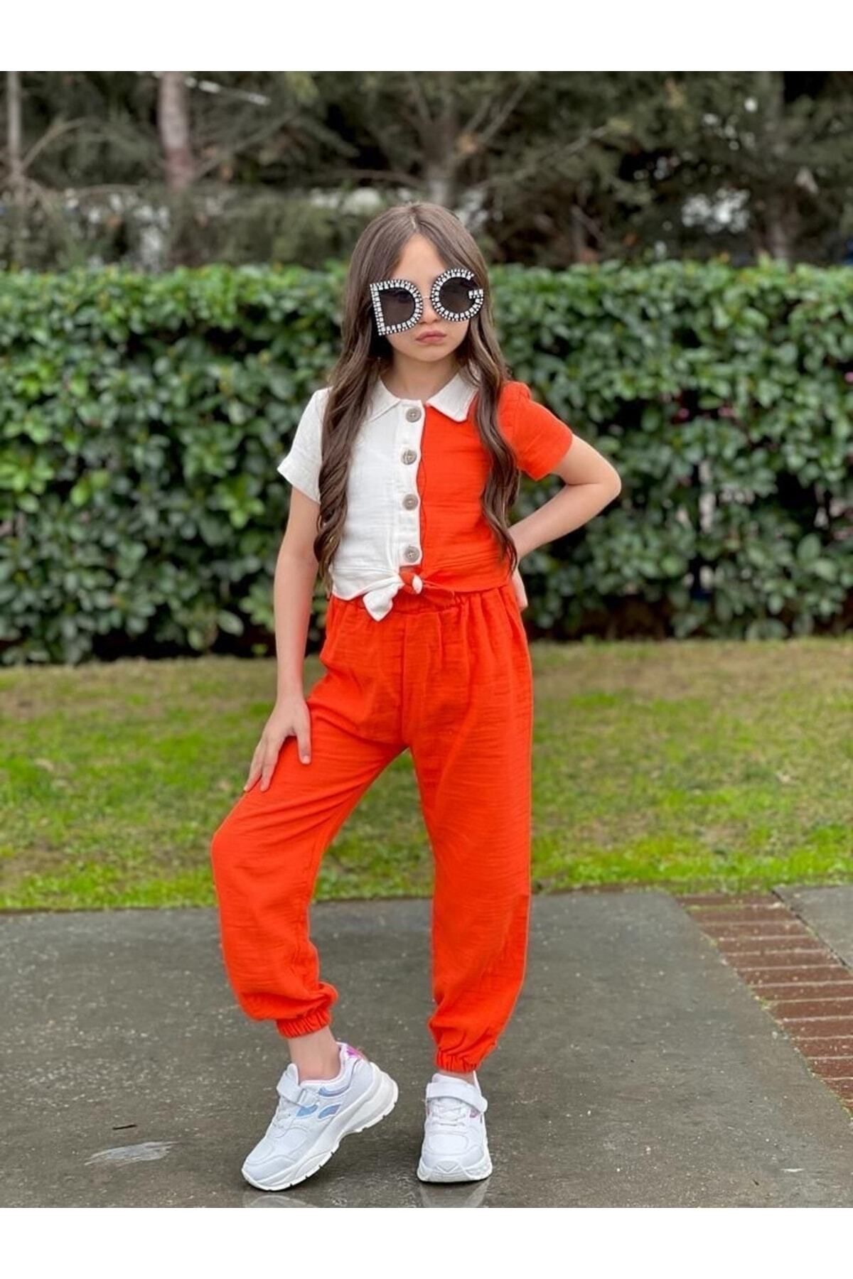 Calisa Girls Orange Ecru Shirt with Bow Detail on the Front and