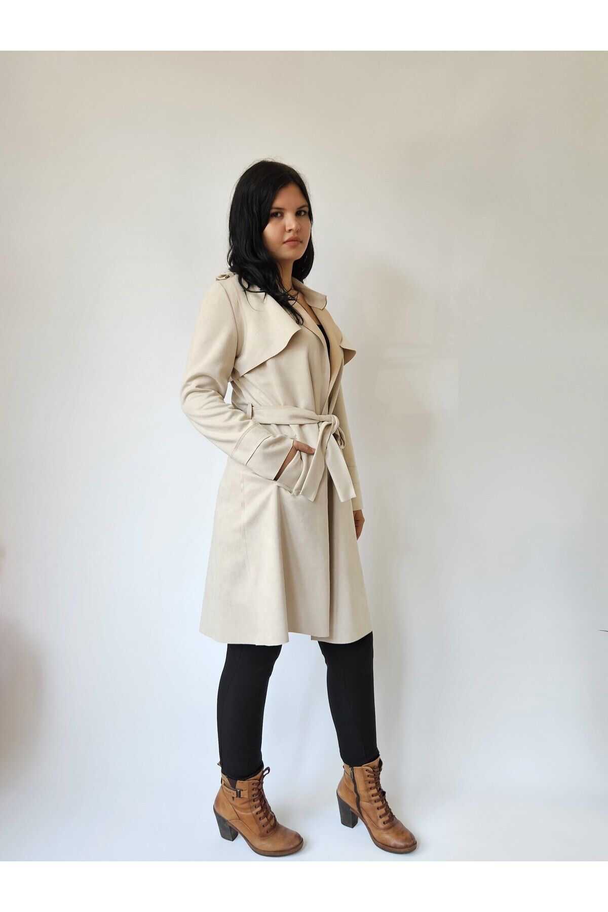 MADAME MELEK Long Suede Trench Coat Belted Slit Unlined Cream