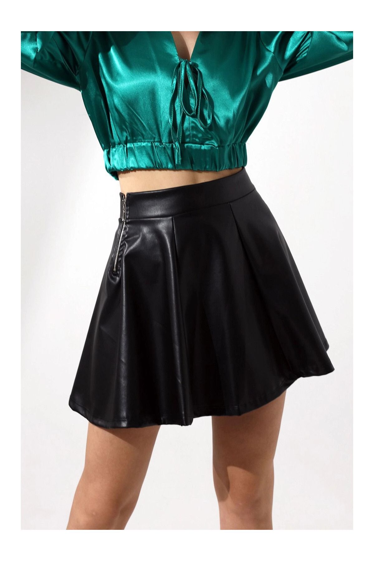 Black Faux Leather Skater Mini Skirt