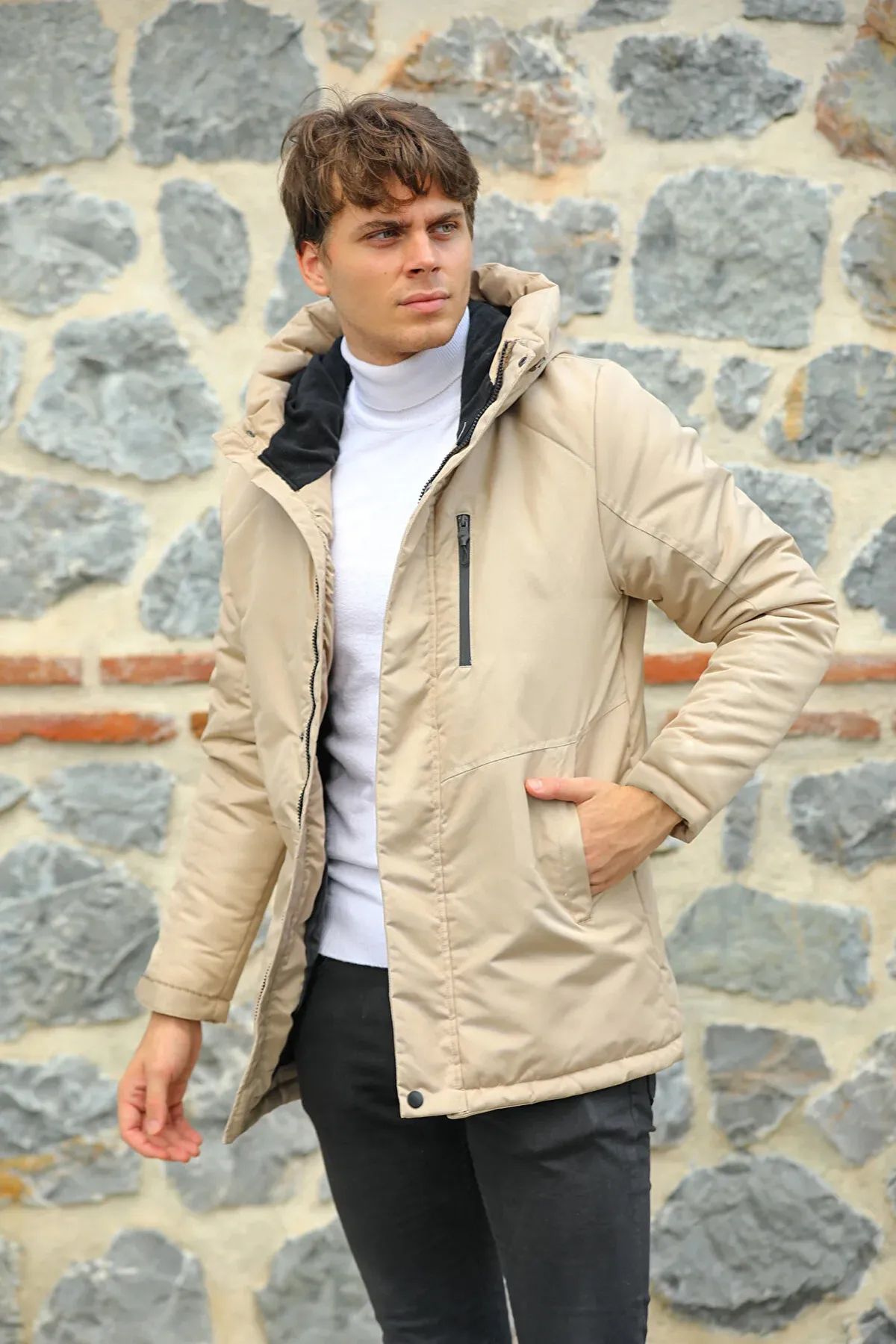 Mens beige top winter coat