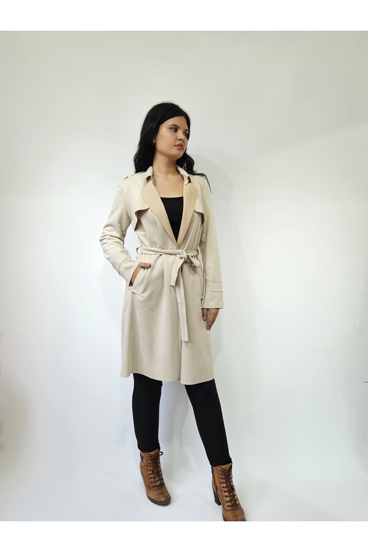 MADAME MELEK Long Suede Trench Coat Belted Slit Unlined Cream