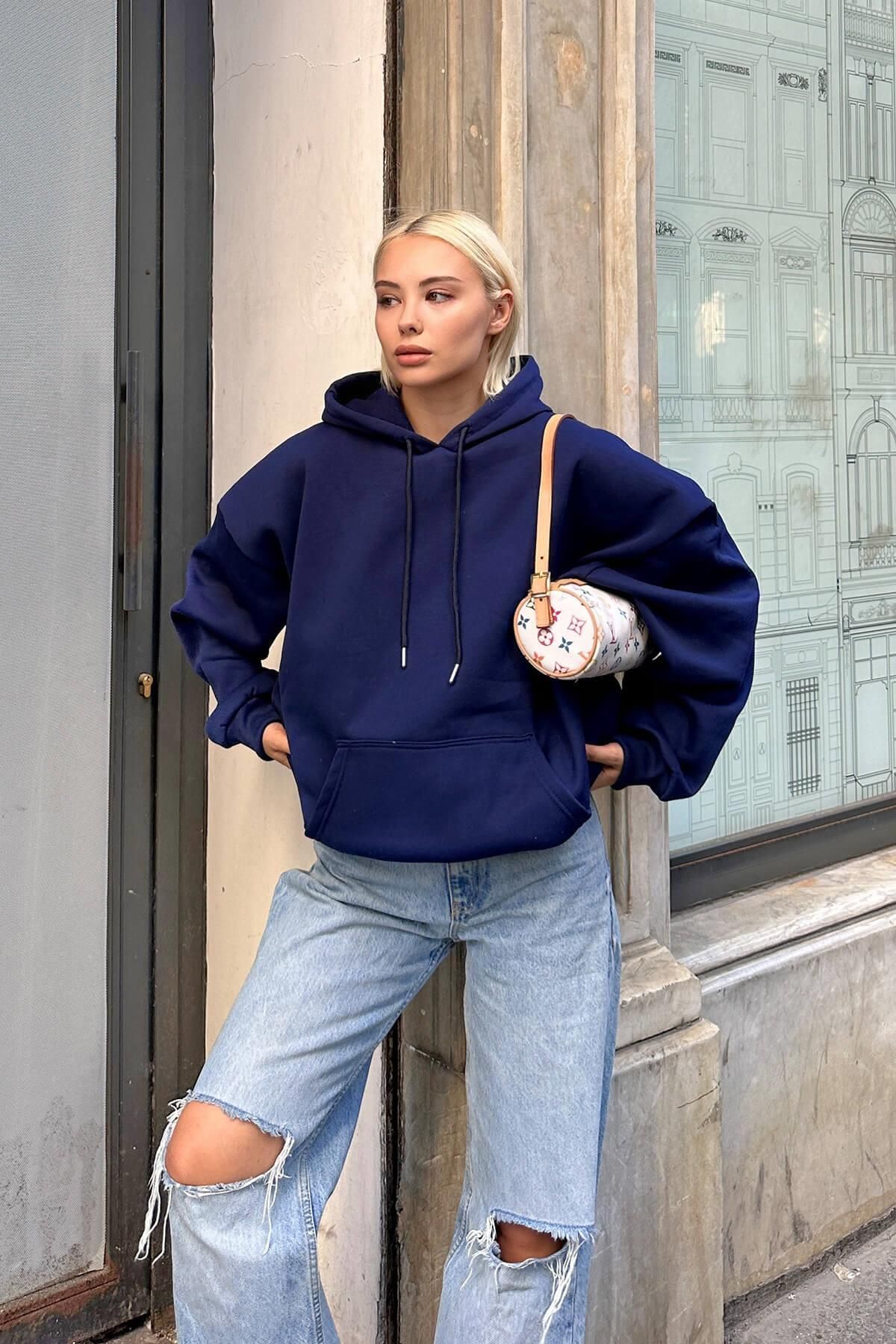 Swist Navy Blue Oversize Hooded Women s Sweatshirt with Kangaroo