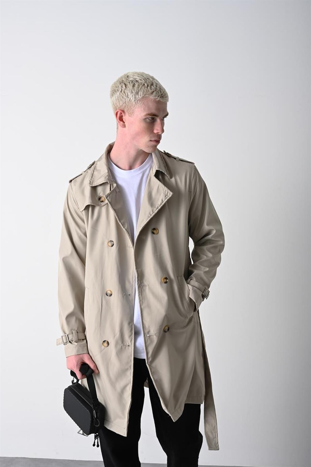 Slatra Men s Beige Belt Detailed Trench Coat Trendyol