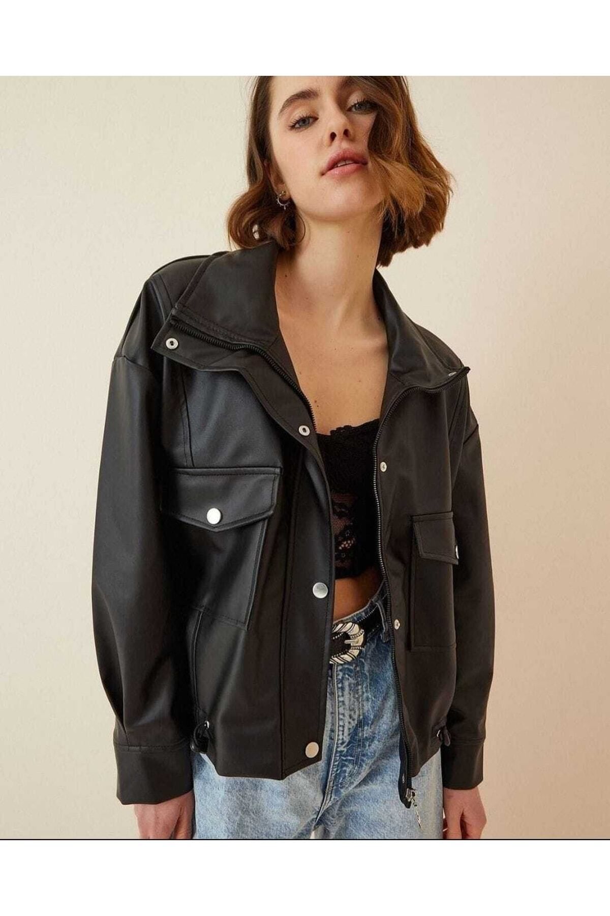 Leather jacket shop with ruffle detail